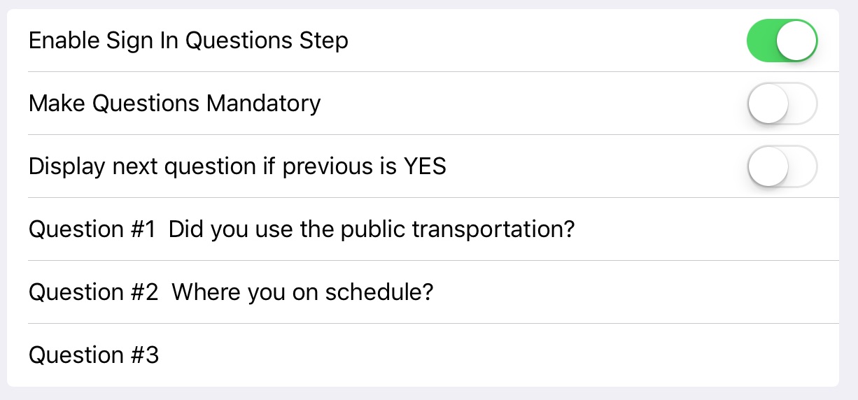 Configure the Options and Questions you want to display at SignIN step